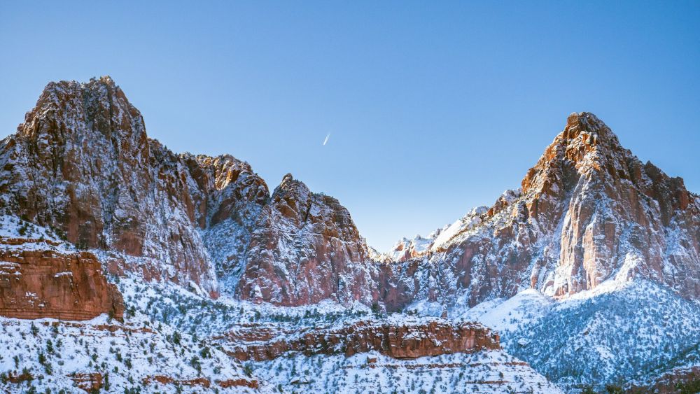 snow-topped red rock mountains of Zion National Park