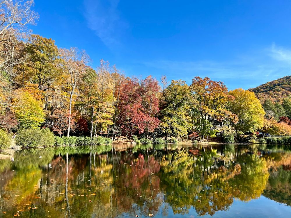 a lake in the fall with the reflection of trees with multi-colored leaves on its edge